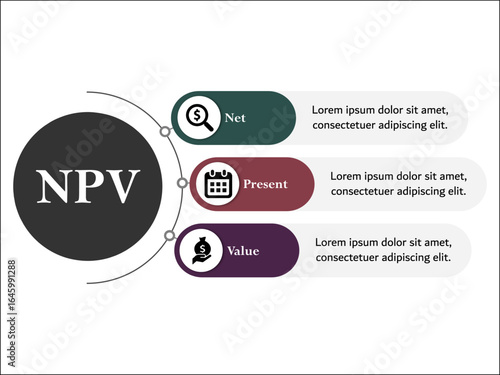 NPV - Net Present Value Acronym. Infographic template with icons and description placeholder