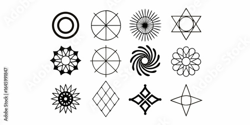 Collection of twelve geometric shapes including circles stars diamonds and floral patterns in black and white on transparent background