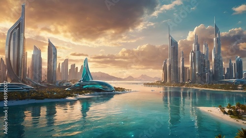  Futuristic Cityscape with Skyscrapers and Reflective Waterway – Generative AI