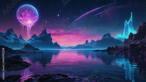 Futuristic Alien Landscape with Glowing Jellyfish-like Orb and Cosmic Sky – Generative AI