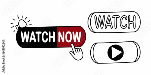 Illustration of watch now buttons with a hand cursor and a play button icon in a cartoon style design on transparent background