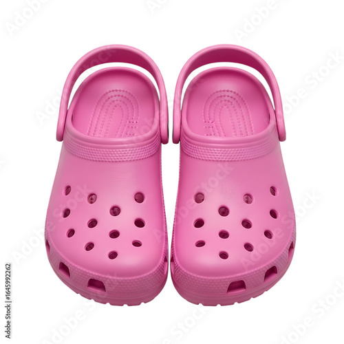 A pair of pink rubber clogs are displayed on a transparent background offering a comfortable and casual footwear option