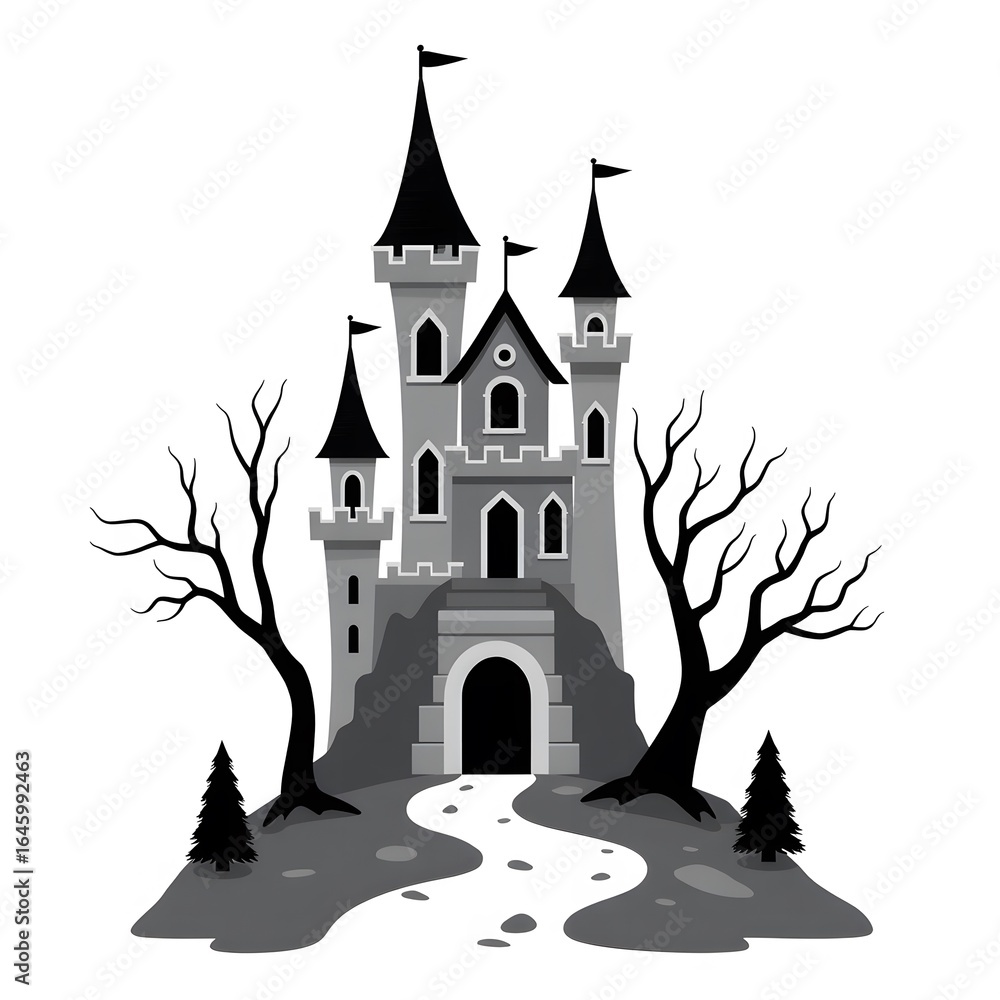 Obraz premium grayscale castle with trees isolated