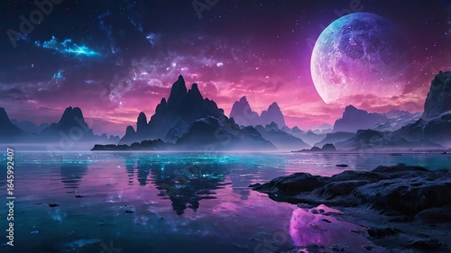 Surreal Alien Landscape with Giant Moon and Purple Sky – Generative AI