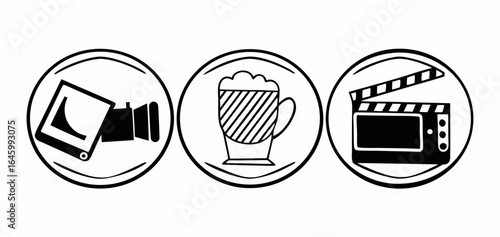 Three circles containing a camera, a foamy drink, and a clapperboard arranged side by side in black and white on transparent background