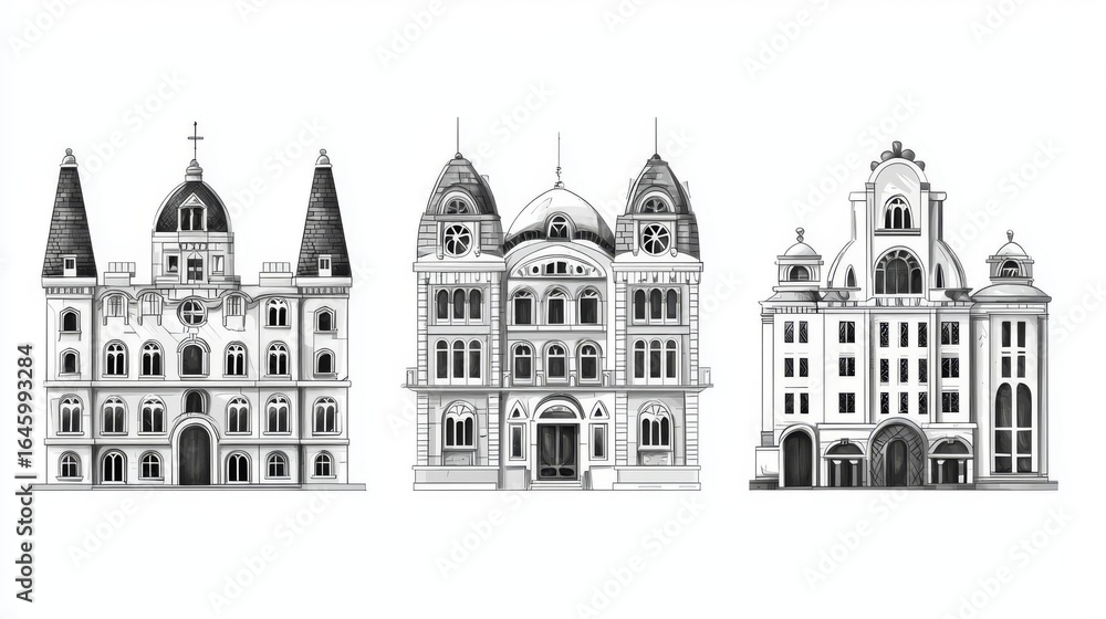 Obraz premium Detailed illustration of three historical buildings showcasing unique architectural styles and features.
