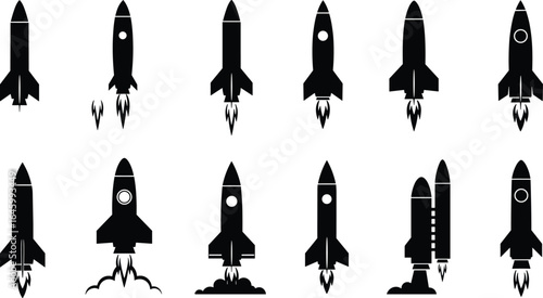 Rocket silhouette collection, space icon set, black vector illustration, spacecraft design, launch concept, aerospace theme, educational material, graphic art