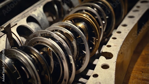 Close-Up of Mechanical Engine Components and Metal Gears