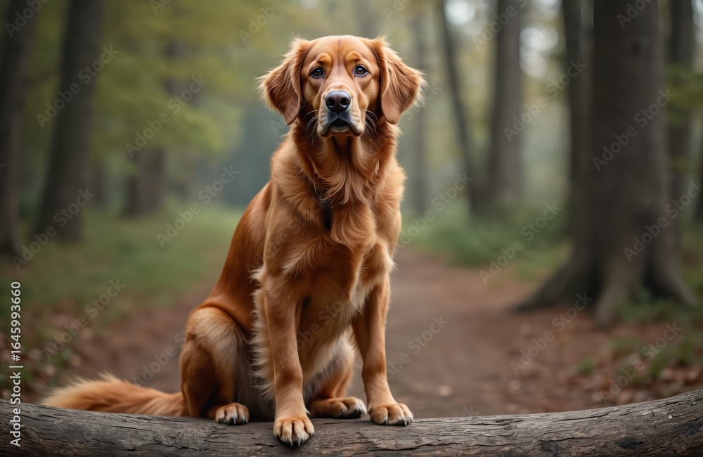 Obraz premium Nova Scotia Duck Tolling Retriever dog sits obediently on fallen tree in forest. Beautiful, young, purebred mammal with red fur looks calmly ahead. Morning light filters through trees, creating