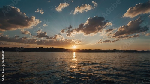 Scenic Sunset Over Calm Lake with Dramatic Clouds
