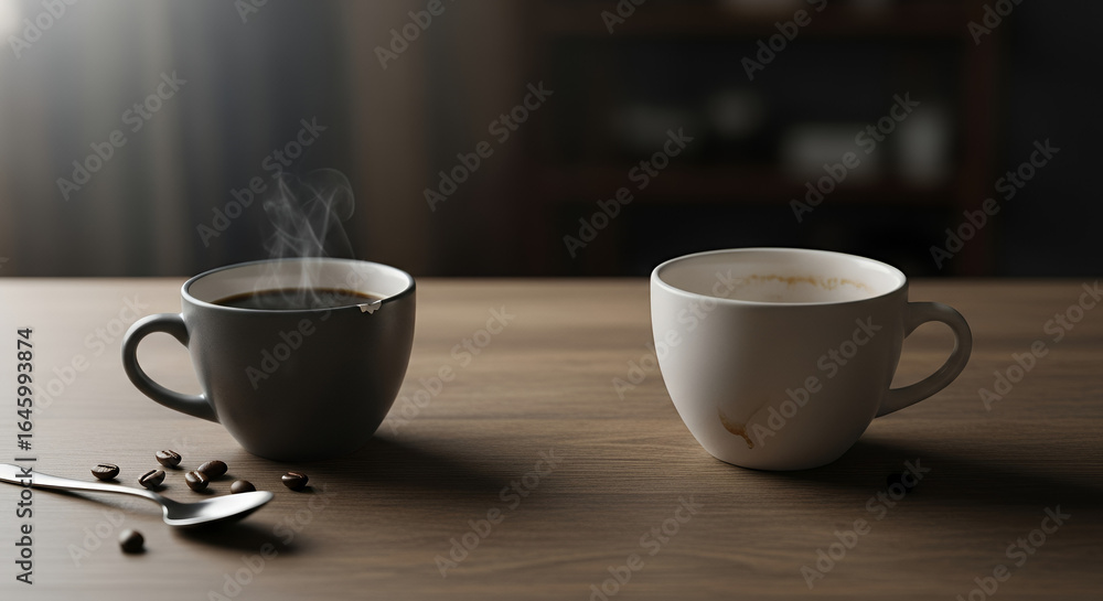 Fototapeta premium Two coffee cups, one steaming and one plain, on a wooden table with coffee beans.
