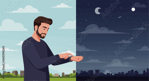 Man looking at watch in daytime landscape and nighttime city skyline  