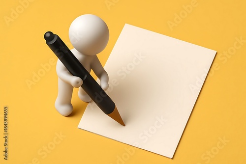 Top View of 3D Faceless Human Figure with Sharp Pen and Blank Paper Note on Yellow Background
