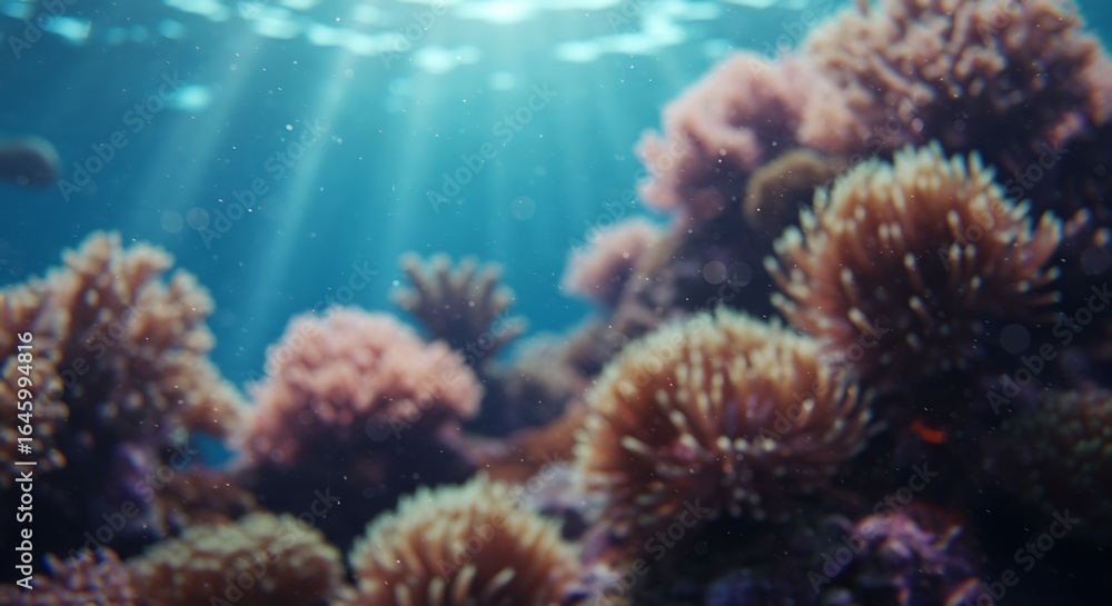 Fototapeta premium Vibrant Coral Reef with Sunbeams Underwater
