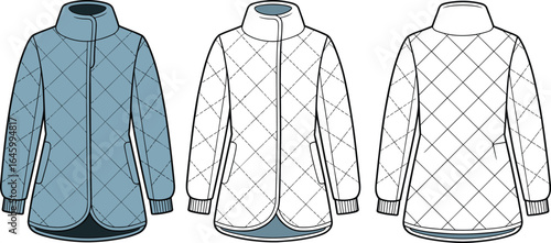 Cad drawing flat vector illustration, quilted jacket front view, quilted jacket back view, winter jacket design, fashion garment sketch, outerwear, clothing design, apparel template