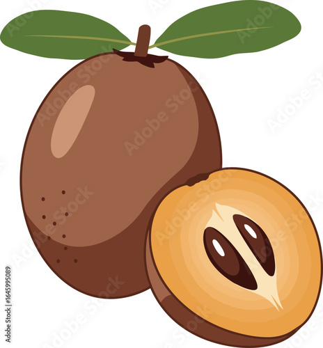 Fresh sapodilla fruit whole and halved tropical food