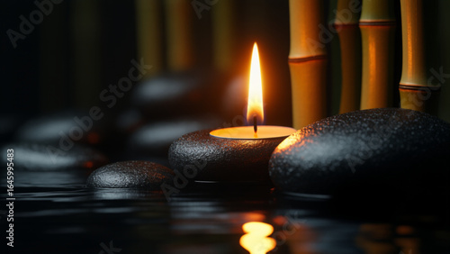 Peaceful spa scene with stacked black stones, a lit candle, and bamboo stems, softly illuminated by warm candlelight, creating a tranquil and meditative atmosphere