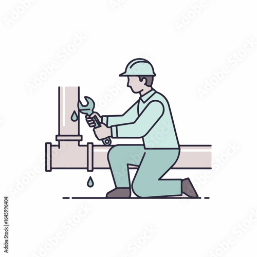 Plumber icon with dripping pipe and worker tightening bolt. Plumber icon repair includes a male worker, wearing safety hat, repairing leaky pipe. Concept plumber icon for construction industry.