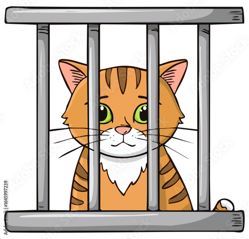 Sad cartoon cat behind bars, cartoon clipart illustration