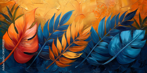 Background featuring palm leaves depicted in the style of acrylic paints.