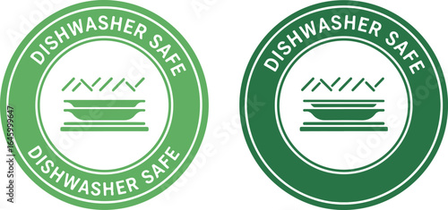 Dishwasher Safe Icon Set | Green Circle Stamp Symbols for Product Packaging, Food Container Labels and Consumer Goods