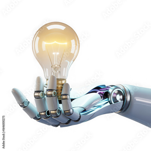 Ai robot hand holding lightbulb isolated on white and transparent backgroun.