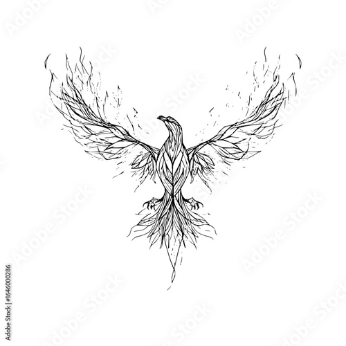 Phoenix bird rising fire wings mythical creature fantasy art illustration drawing sketch black and white design