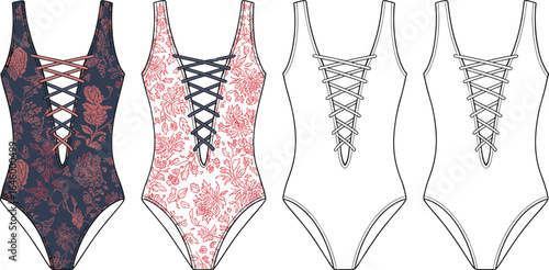Cad drawing flat vector illustration, swimsuit design, laced one-piece swimsuit, floral pattern swimwear, fashion sketch, beachwear vector design, women’s swimwear flat design, swimsuit front view