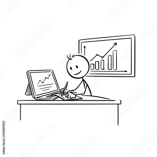 Stick figure working on tablet and taking notes at a desk  