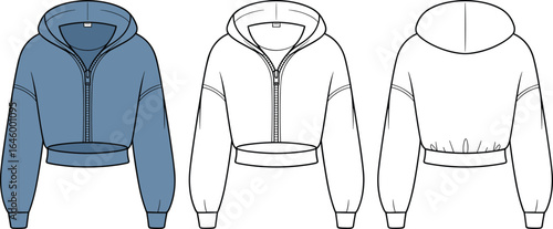 Cad drawing flat vector illustration, cropped hoodie front view, cropped hoodie back view, zip up sweatshirt, technical fashion drawing, garment sketch, apparel design, womenswear outerwear