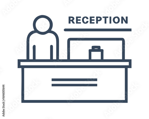 reception desk, counter, hotel lobby, office, silhouette of person, minimal design, modern architecture, gray scale, line art style
