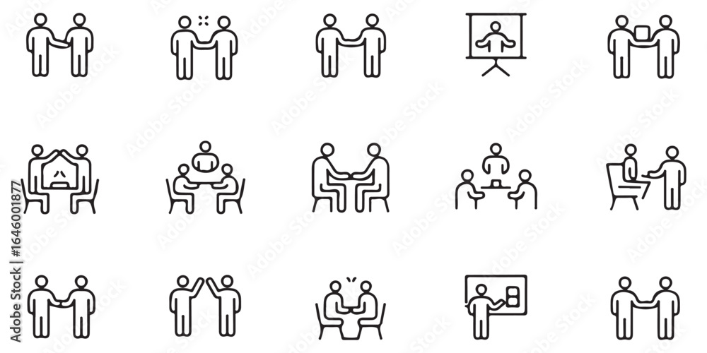 Minimal Line Meeting Icon Set Teamwork, Presentation, Negotiation, and Corporate Communication Vector Illustrations Minimal Line Meeting Icon Set Teamwork, Presentation, Negotiation, and Corporate Communication Vector Illustrations