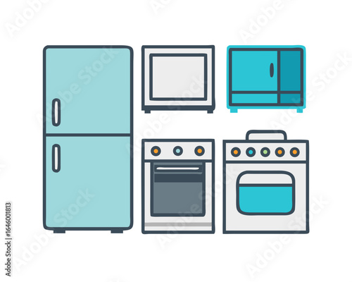 kitchen appliances, home interior, refrigerator, oven, stove, minimalist, flat design, vector illustration
