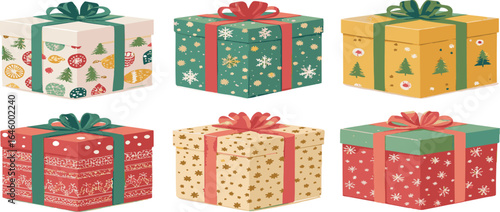 Six festive holiday gift boxes with assorted patterns and ribbons isolated on white background