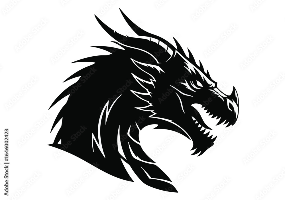 Fototapeta premium Majestic Dragon Head Black Silhouette Vector Illustration Design Powerful Fantasy Creature Emblem for Gaming and Esport Logos Tattoos Prints