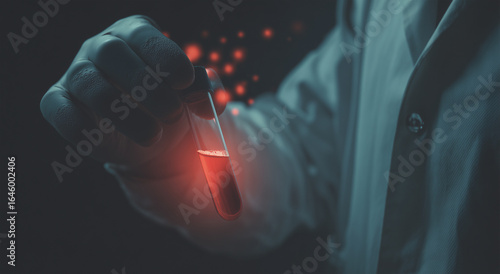 Scientist holding a glowing test tube with red liquid, symbolizing the detection of tick-borne pathogens. Lyme disease, tick-borne encephalitis and Powassan virus