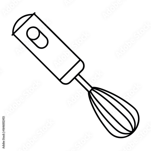 Simple line art illustration of a hand blender with a whisk attachment
