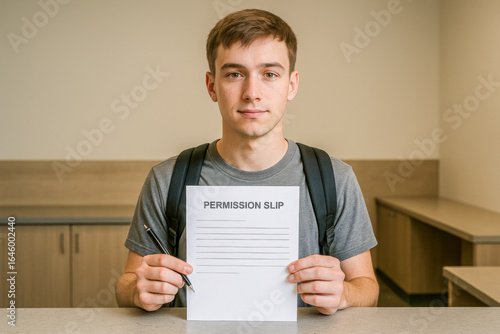 Confident high school student standing in an administrative office holding a blank permission slip form, symbolizing school paperwork, parental consent, and administrative approval processes 