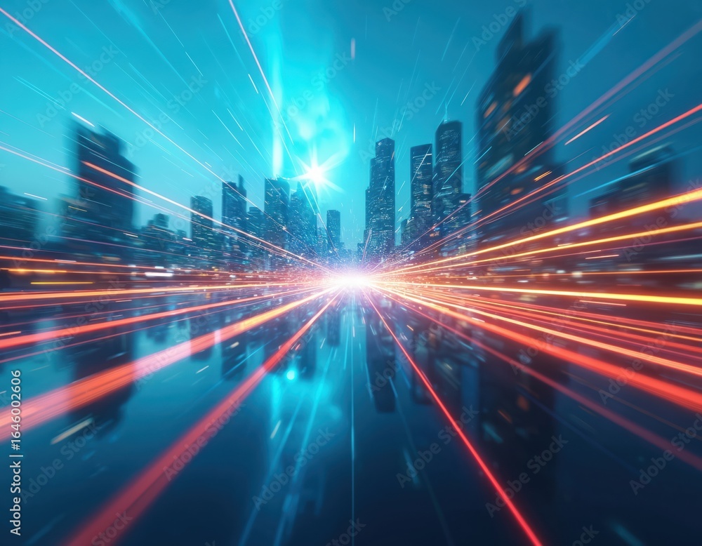 Obraz premium Blurred city skyline with streaks of light suggests fast-paced technology, business growth. Vibrant blue, orange lines convey innovation, movement. Corporate background progress, strategy, teamwork.