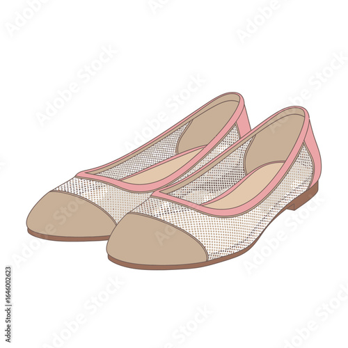 Elegant ballet flats with pink trim and beige cap toes,Fashionable women's footwear featuring a delicate mesh design and classic silhouette