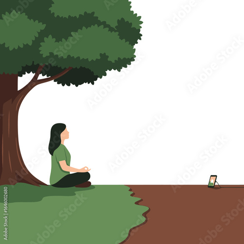 Woman Meditating Under a Tree with Phone Recording, Serene Meditation with Technology in Nature's Embrace