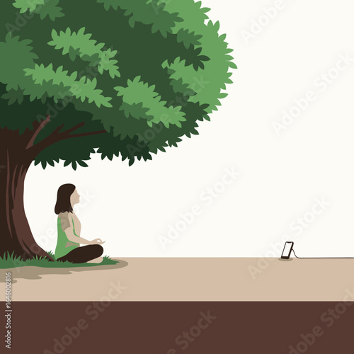 Meditating under a tree with a phone, peaceful mindful moments away from technology, Finding peace and quiet in nature despite the distractions of modern life
