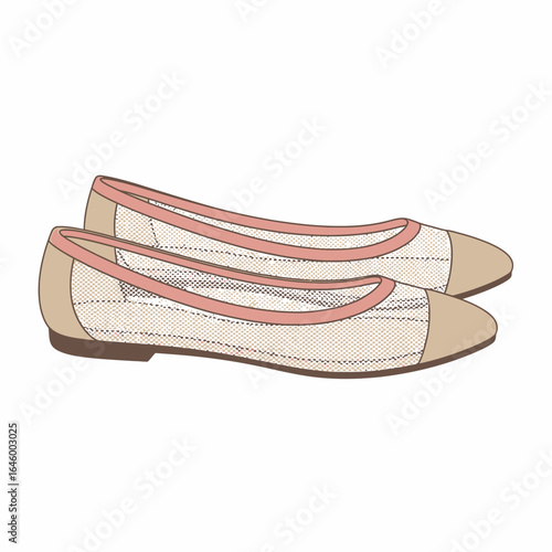Elegant women's flats illustration with pink accents, Fashionable ballerina flats illustration with cap toes and mesh design