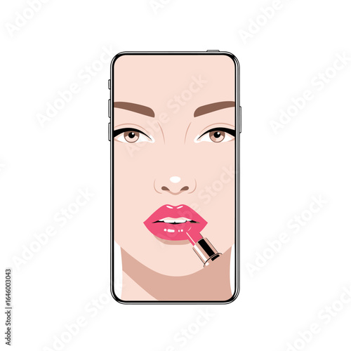 Stylish Phone Case Design Featuring a Woman Applying Lipstick, Beautiful Phone Case with a Face and Makeup Illustration
