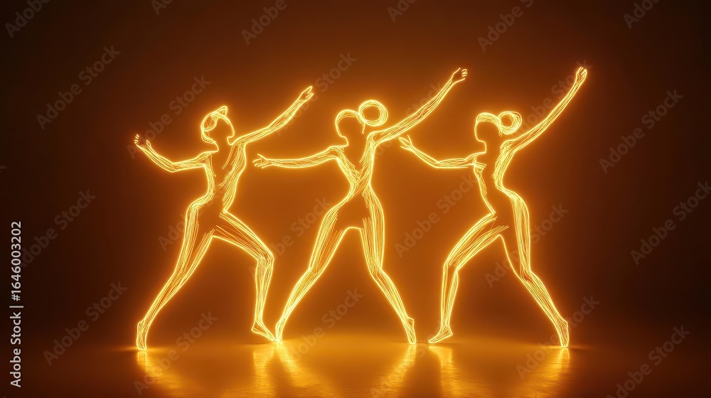 Fototapeta premium Three Elegant Dancers in Glowing Neon Light Against Dark Background