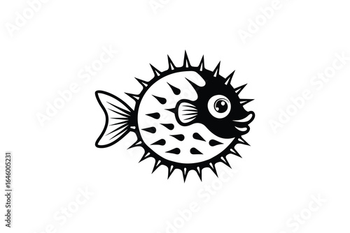 Black and white illustration of a pufferfish with spines and large eye on a plain white background silhouette