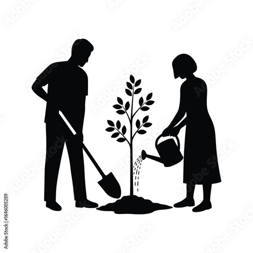 Couple planting a tree together black silhouette illustration environmental conservation teamwork sustainability