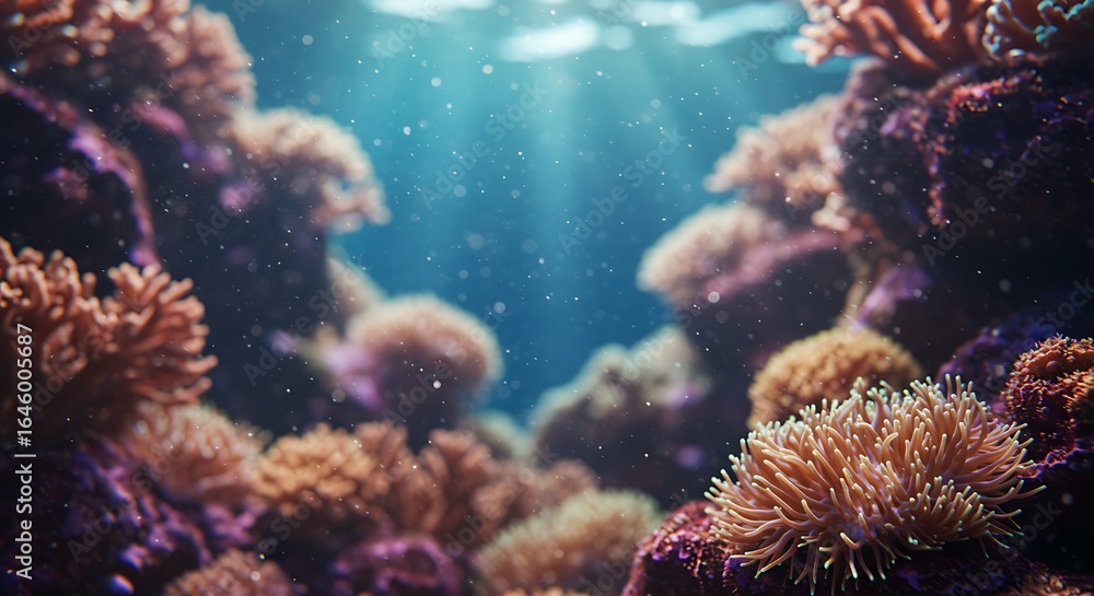 Fototapeta premium Coral Reef Ecosystem Underwater Scene with Sunlight