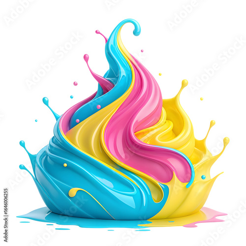 Swirling liquid splashes of blue pink and yellow on black background paint splash colorful splash