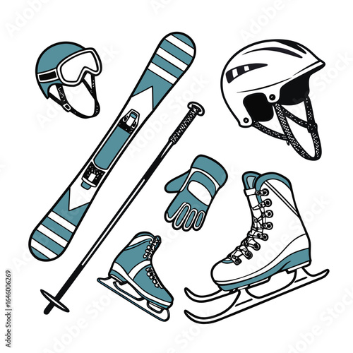 Collection of winter sports equipment including skis, poles, boots, gloves, helmet, and goggles, isolated on white background